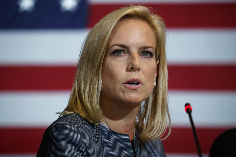 FILE - In this May 23, 2018 file photo, Secretary of Homeland Security Kirstjen Nielsen speaks during a roundtable on immigration policy with President Donald Trump at Morrelly Homeland Security Center, in Bethpage, N.Y. President Donald Trump has soured on Homeland Security Secretary Kirstjen Nielsen and she is expected to leave her job as soon as this week. That’s according to two people who spoke to the Associated Press on condition of anonymity. (AP Photo/Evan Vucci)
