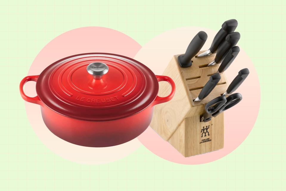 a collage of products that are part of the sale including a Le Creuset dutch oven and the Four Star Knife Block set