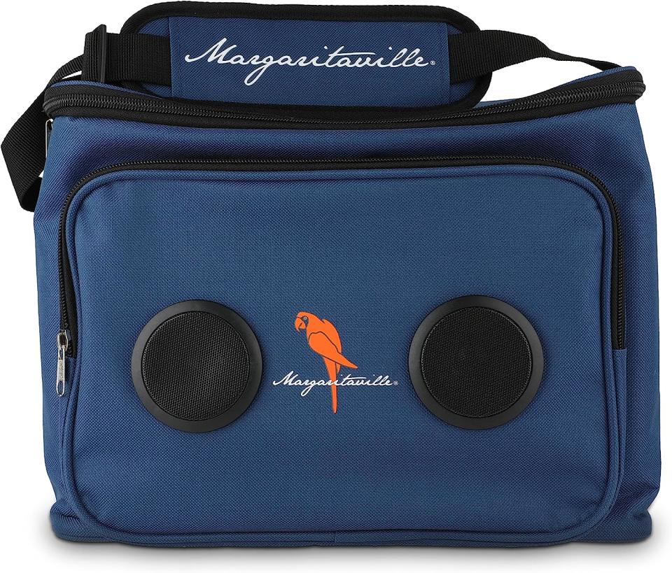 navy blue cooler bag with black speakers that reads "Margaritaville" 
