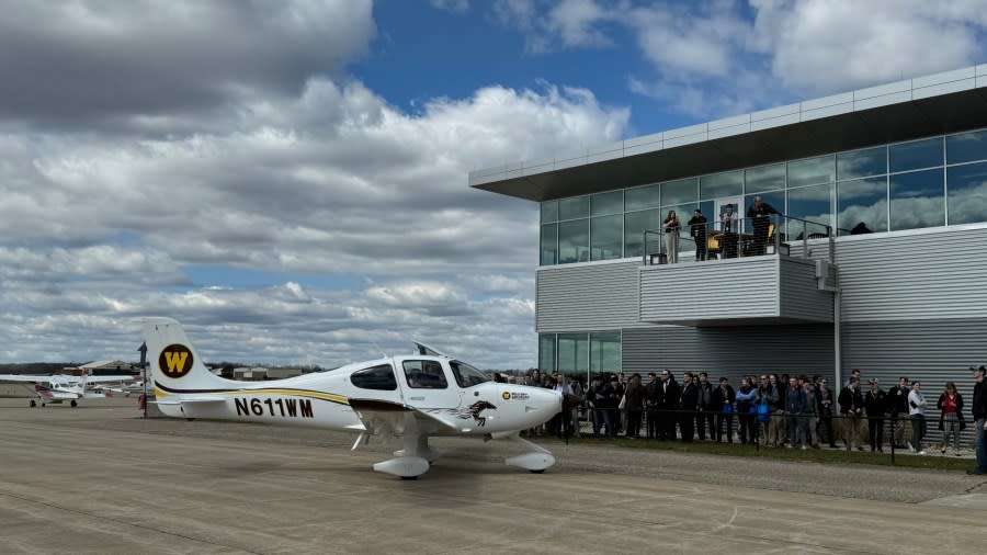 One of the Western Michigan University College of Aviation's new planes arrives at the Battle Creek Executive Airport on April 5, 2024.