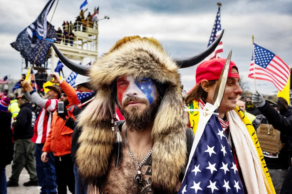 Jacob Chansley at the Capitol riots on Jan. 6, 2021. (Brent Stirton / Getty Images)