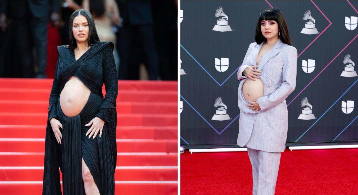 Adriana Lima (L) and Mon Laferte (R) bare their baby bumps in keyhole cut out outfits. (Getty Images)