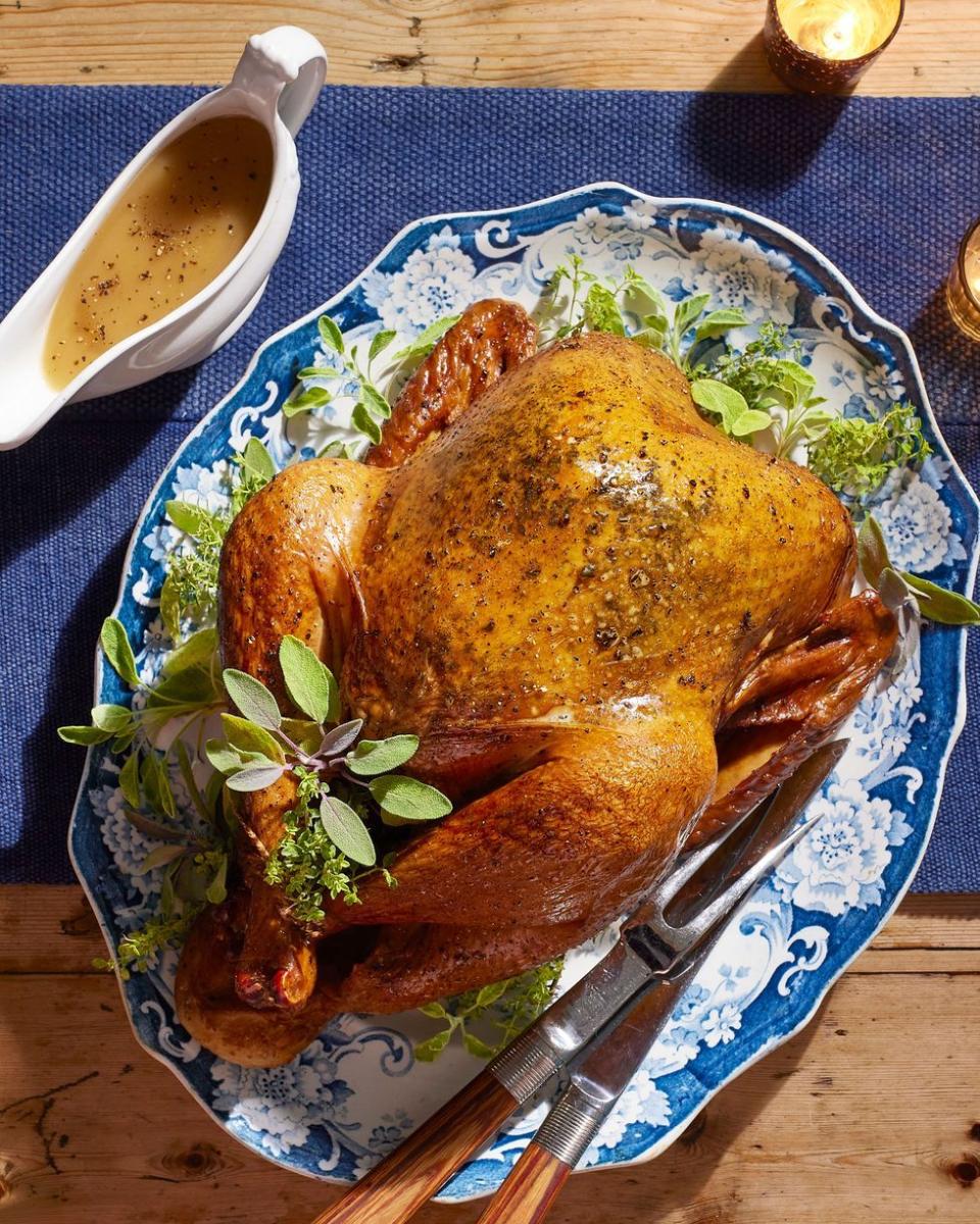 <p>Max out the turkey’s thyme and sage flavors with a rich, white wine-infused gravy that takes 20 minutes tops.</p><p>Get the recipe for <a href="https://www.countryliving.com/food-drinks/a37937555/simple-herbed-turkey-with-easiest-ever-gravy-recipe/" rel="nofollow noopener" target="_blank" data-ylk="slk:Simple Herbed Turkey with Easiest Ever Gravy" class="link "><strong>Simple Herbed Turkey with Easiest Ever Gravy</strong></a> from Country Living.</p>