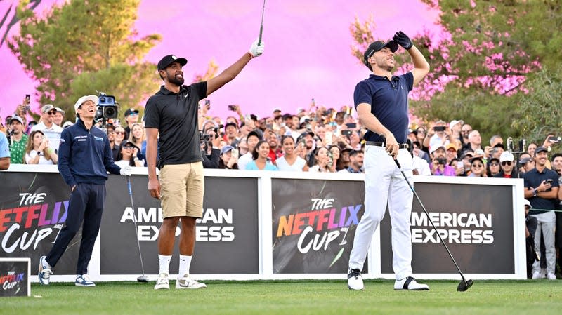 Alexander Albon, Tony Finau and Pierre Gasly play in The Netflix Cup, a live Netflix Sports event, at Wynn Las Vegas Golf on November 14, 2023 in Las Vegas, Nevada.