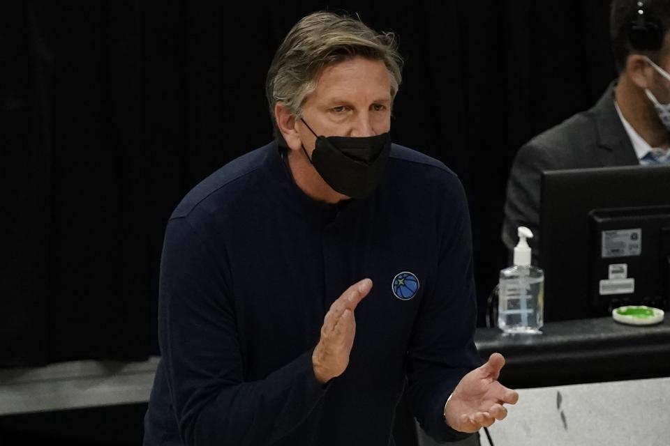 Minnesota Timberwolves head coach Chris Finch reacts during the first half of an NBA basketball game against the Milwaukee Bucks Tuesday, Feb. 23, 2021, in Milwaukee. (AP Photo/Morry Gash)