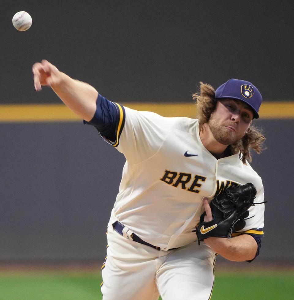 Milwaukee Brewers starting pitcher Corbin Burnes (39) throws during the first inning of their game against the Pittsburgh Pirates Tuesday, April 19, 2022 at American Family Field in Milwaukee, Wis.