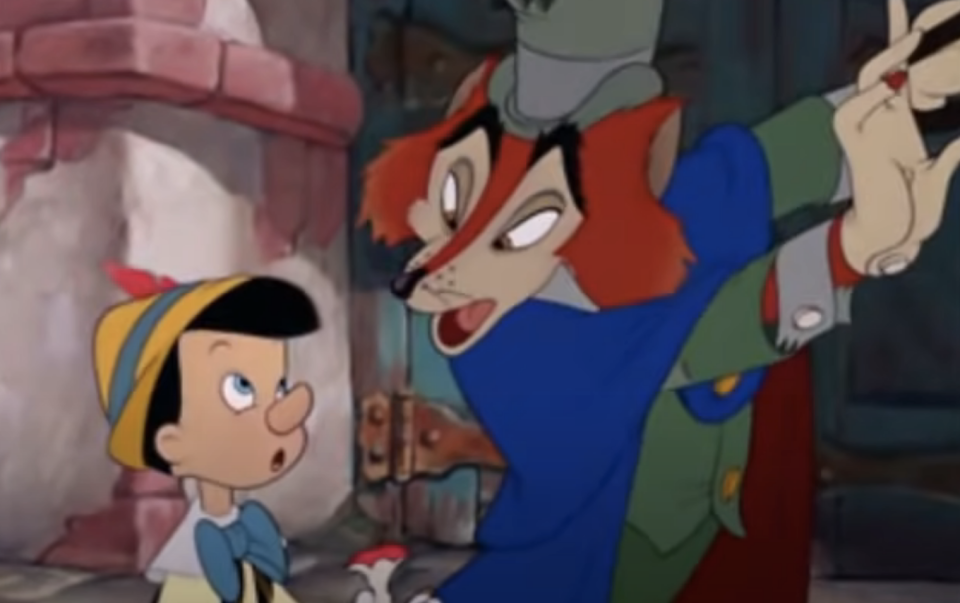 pinocchio talking to a dressed up fox