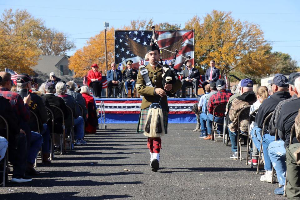 Jordan Langehenning with Piper of the Plains plays "Amazing Grace" for the 2021 Texas Panhandle War Memorial Veterans Day Ceremony.