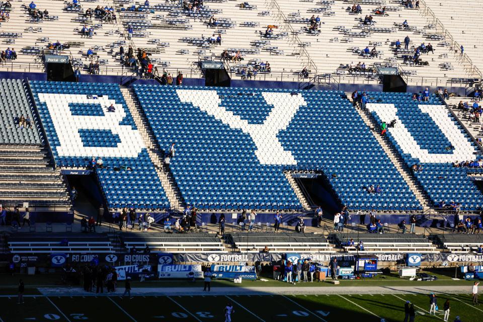 LaVell Edwards Stadium in Provo starts to fill up before a BYU football game on Friday, Oct. 28, 2022. With new turf being installed at the stadium this spring, it will not be available for scrimmages or the annual Blue and White Game. | Ben B. Braun, Deseret News