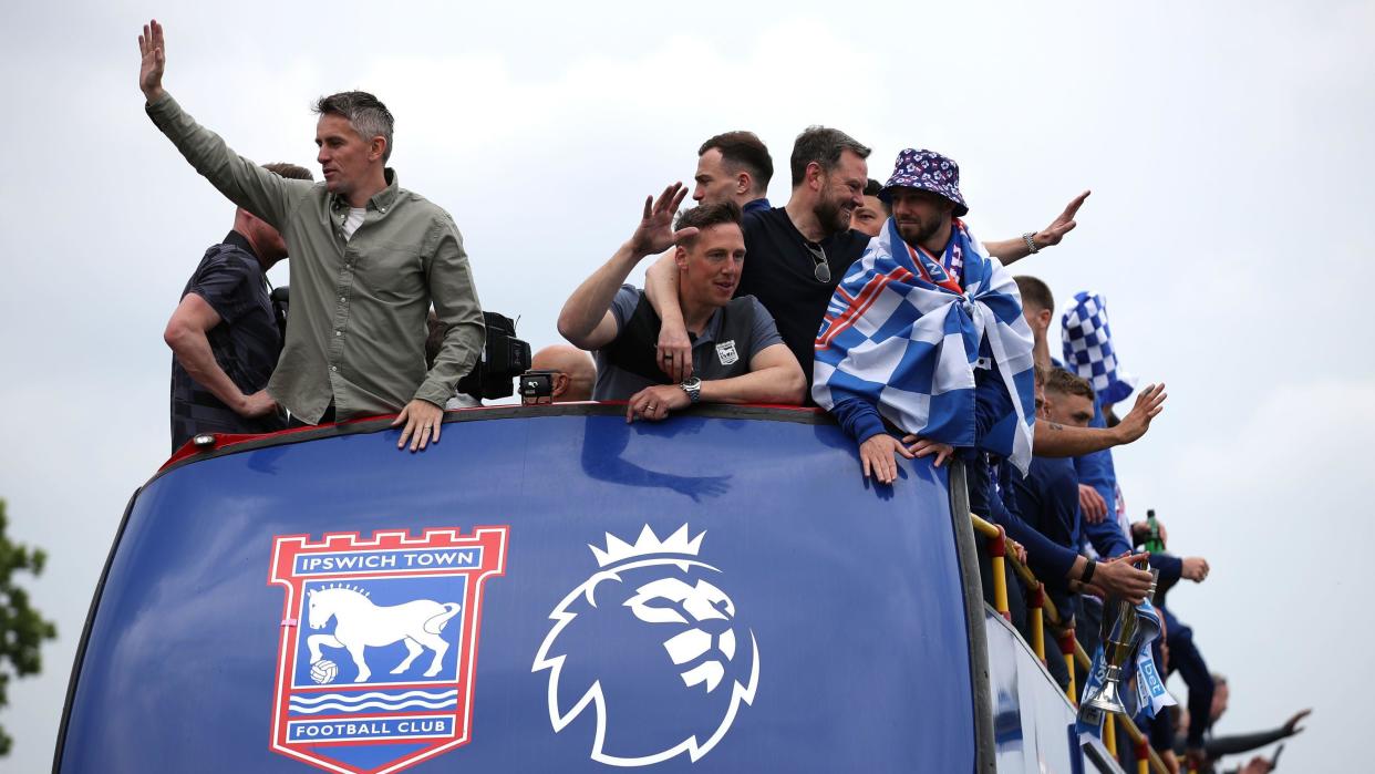 Ipswich Town manager Kieran McKenna during an open-top bus parade in Ipswich to celebrate promotion to the Premier League