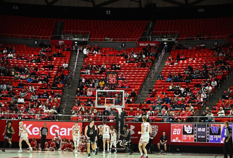 Utah Utes fans sit in their seats watching as Utah and Washington play at the Huntsman Center at the University of Utah in Salt Lake City on Sunday, Dec. 31, 2023. | Scott G Winterton, Deseret News