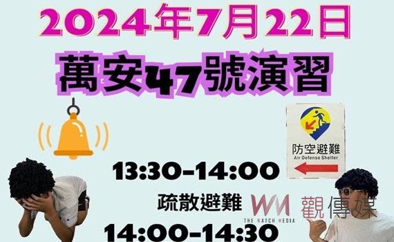 （觀傳媒雲林新聞）【記者蘇榮泉／雲林報導】113年萬安47號軍民聯合防空演習將於7月22日下午1時30分至2時在中部地區舉行，採取有預警方式進行30分鐘的人、車疏散、避難及交通管制等實作演練。聽到緊急警報或接獲手機簡訊通知的民眾請勿驚慌，務必關閉門窗和電源，並配合軍、憲、警及民防人員的引導，進入防空避難設施進行避難。