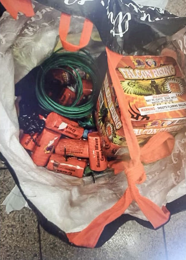 According to senior law enforcement officials, a bag filled with fireworks was found at the scene of the Brooklyn subway shooting on Tuesday. (Obtained by NBC News)