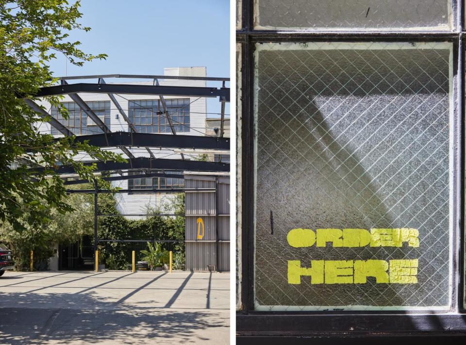 Two photos: the outside view of Ditroit Taqueria, next to a photo of a window reading "Order here" in yellow.