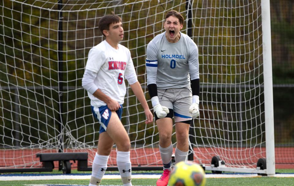 Holmdel goalkeeper Tommy Chyzowych. Holmdel Boys Soccer defeats Wall 1-0 on Penalty Kicks in Holmdel NJ. on November 4, 2021.