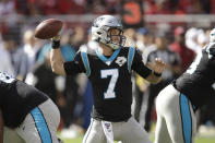 Carolina Panthers quarterback Kyle Allen throws during the first half of an NFL football game against the San Francisco 49ers in Santa Clara, Calif., Sunday, Oct. 27, 2019. (AP Photo/Ben Margot)