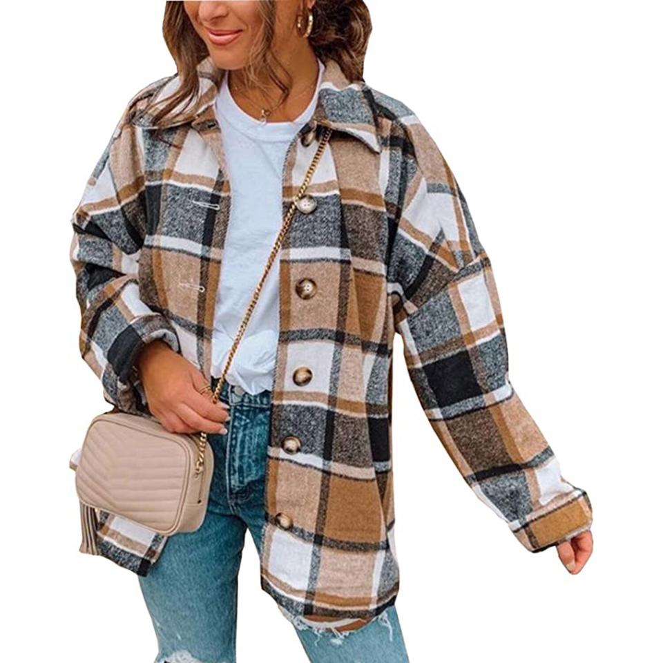 Plaid Shirt Jacket Loose Button Down Shacket Coat