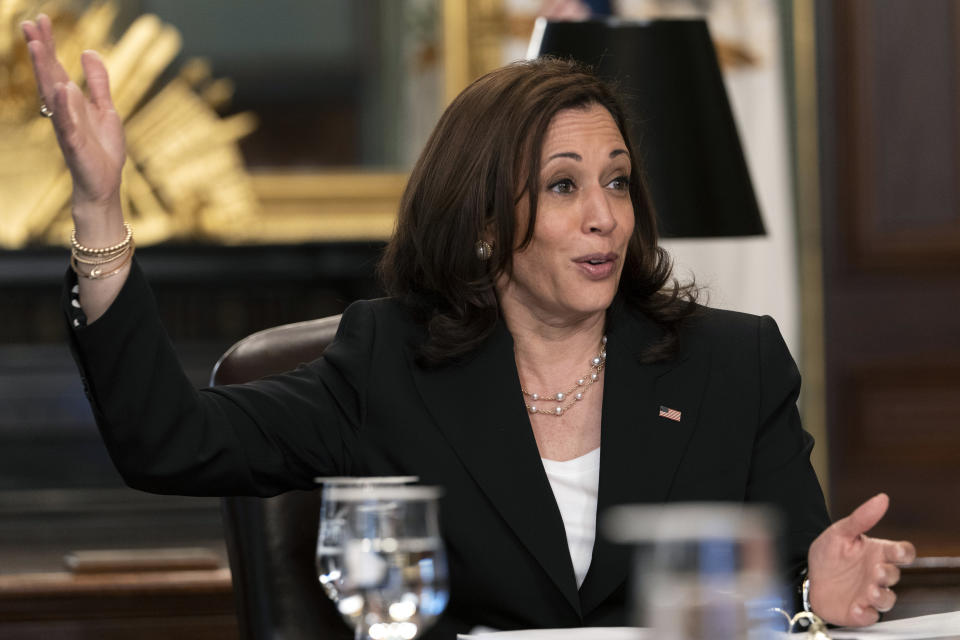 Vice President Kamala Harris attends a meeting with business CEO's about economic development in the Northern Triangle, Thursday, May 27, 2021, from her ceremonial office on the White House complex in Washington. (AP Photo/Jacquelyn Martin)