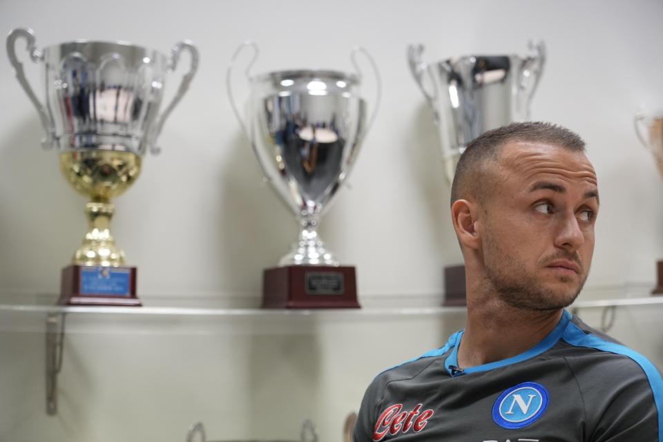 Napoli's Stanislav Lobotka is interviewed by the Associate Press at the end of a training session at the club headquarters in Castel Volturno, near Naples, Wednesday, April 5, 2023. Unlike other major cities in Italy, Naples has only one major soccer team and the fan support for Napoli is felt on every street and alleyway. Lobotka, who developed with Ajax’s junior squad and then played for Danish club Nordsjaelland and Spanish side Celta Vigo before transferring to Italy, had never experienced anything like Napoli.(AP Photo/Gregorio Borgia)