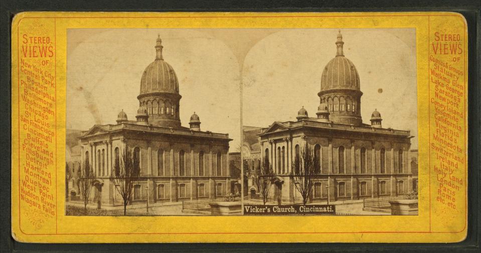 A stereograph of the Unitarian Church at Eighth and Plum streets in Cincinnati.