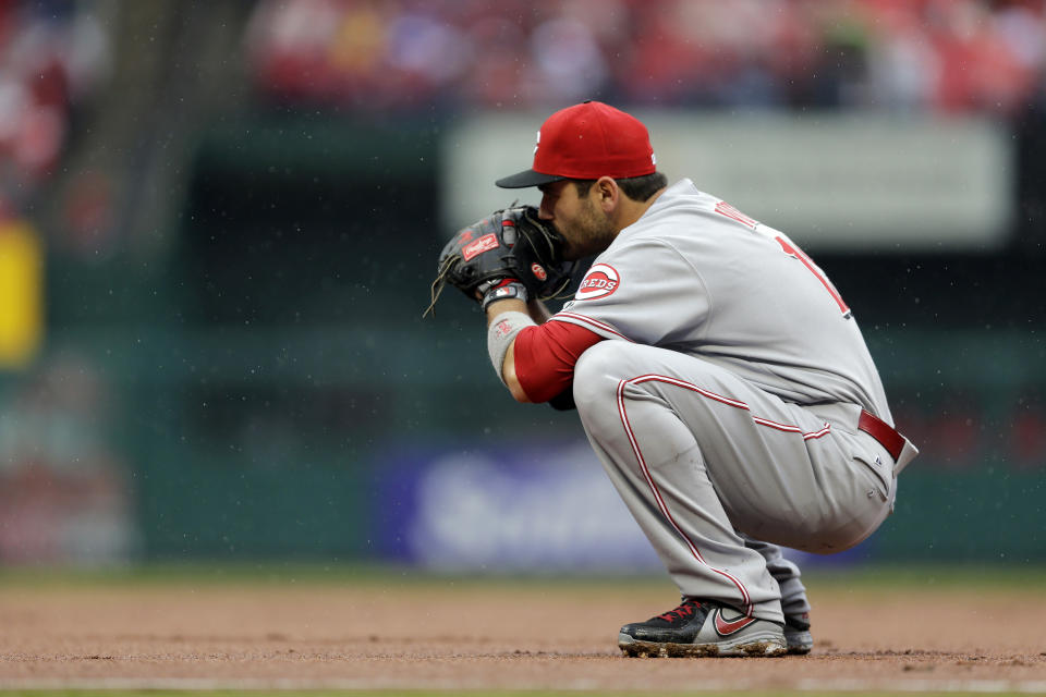 Cincinnati Reds first baseman Joey Votto pauses between pitches during the first inning of a baseball game against the St. Louis Cardinals, Monday, April 7, 2014, in St. Louis. (AP Photo/Jeff Roberson)