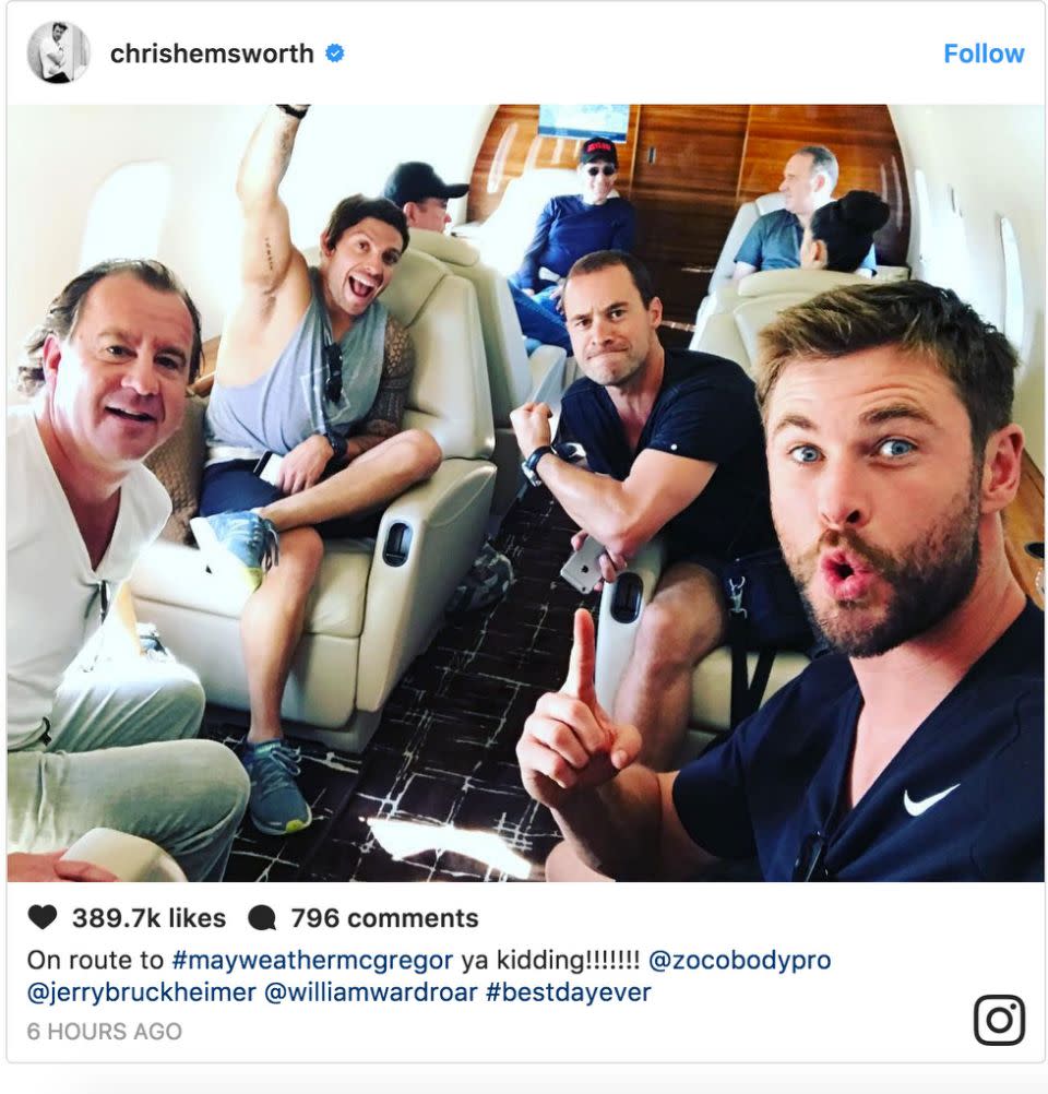 This image of Chris on a private jet was posted to social media. Source: Instagram