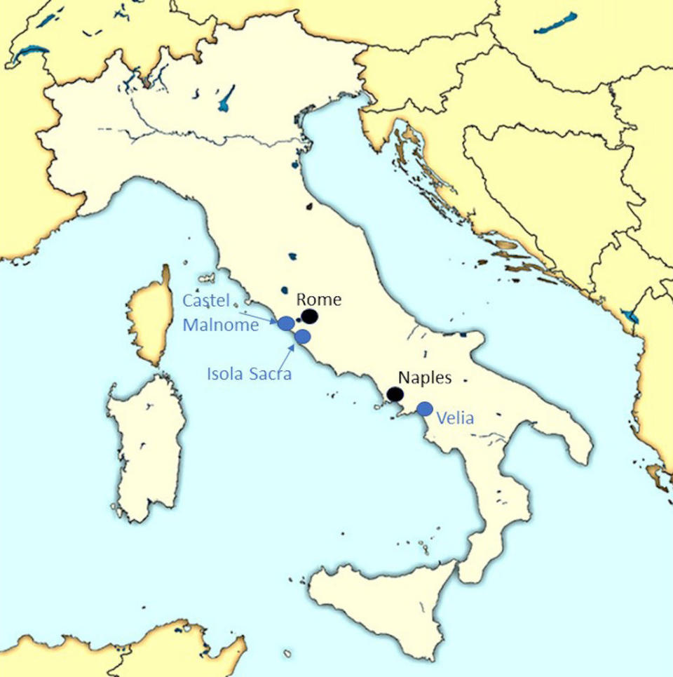 Skulls from ancient graveyards in three different cities in Roman Italy, dating from the 1st to the 3rd centuries A.D., were used in the study. <cite>Samantha Hens</cite>