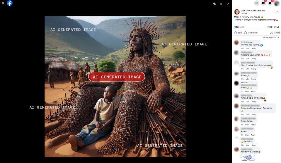 A screenshot of an AI-generated image of a young African boy sitting next to a sculpture of Jesus Christ made out of nails (Facebook)