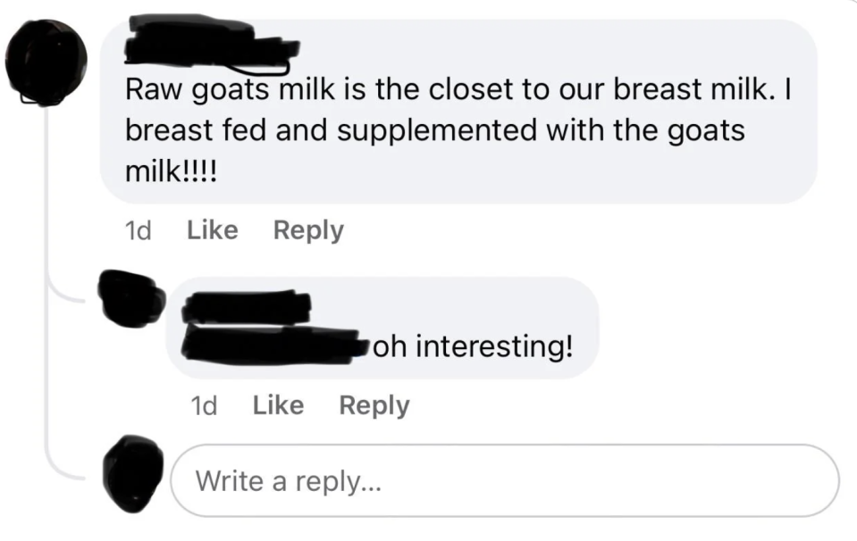 A social media screenshot of a conversation about using goat's milk as a breast milk supplement
