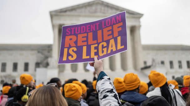 PHOTO: Activists and students show their support in front of the Supreme Court for student debt cancellation in Washington on Feb. 28, 2023. (Andrew Caballero-reynolds/AFP via Getty Images)