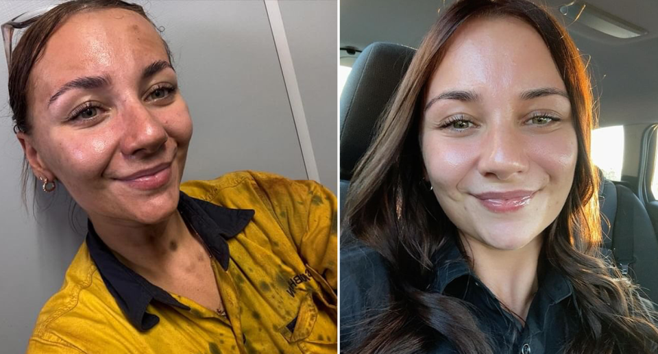 FIFO worker Siobhan pictured smiling at work, and in a car selfie.