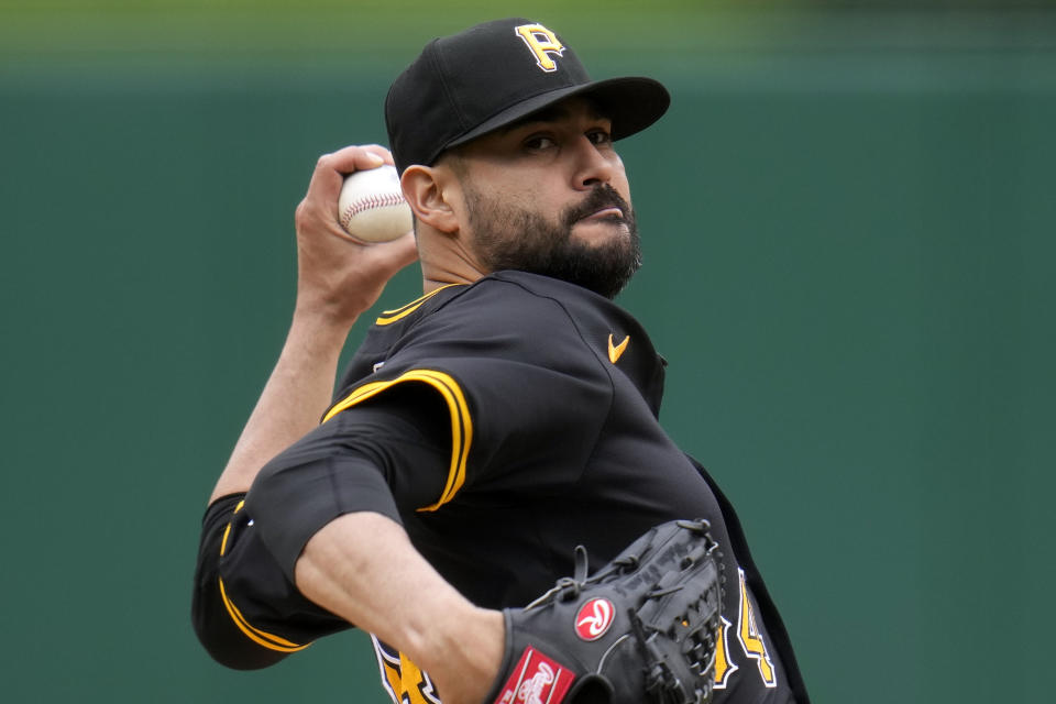Pittsburgh Pirates starting pitcher Martín Pérez delivers during the first inning of the team's baseball game against the Boston Red Sox in Pittsburgh, Sunday, April 21, 2024. (AP Photo/Gene J. Puskar)