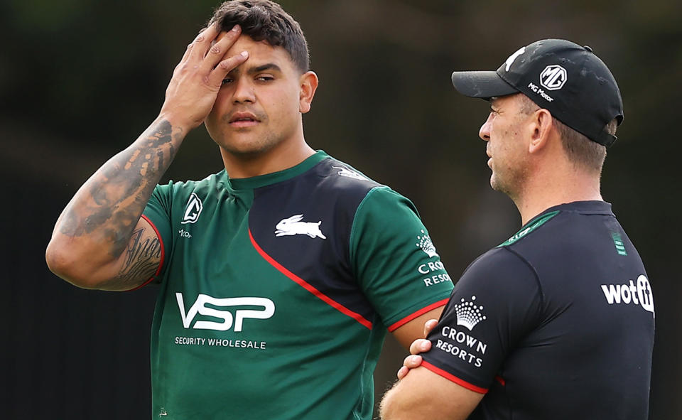 Latrell Mitchell and Jason Demetriou at a South Sydney training session.