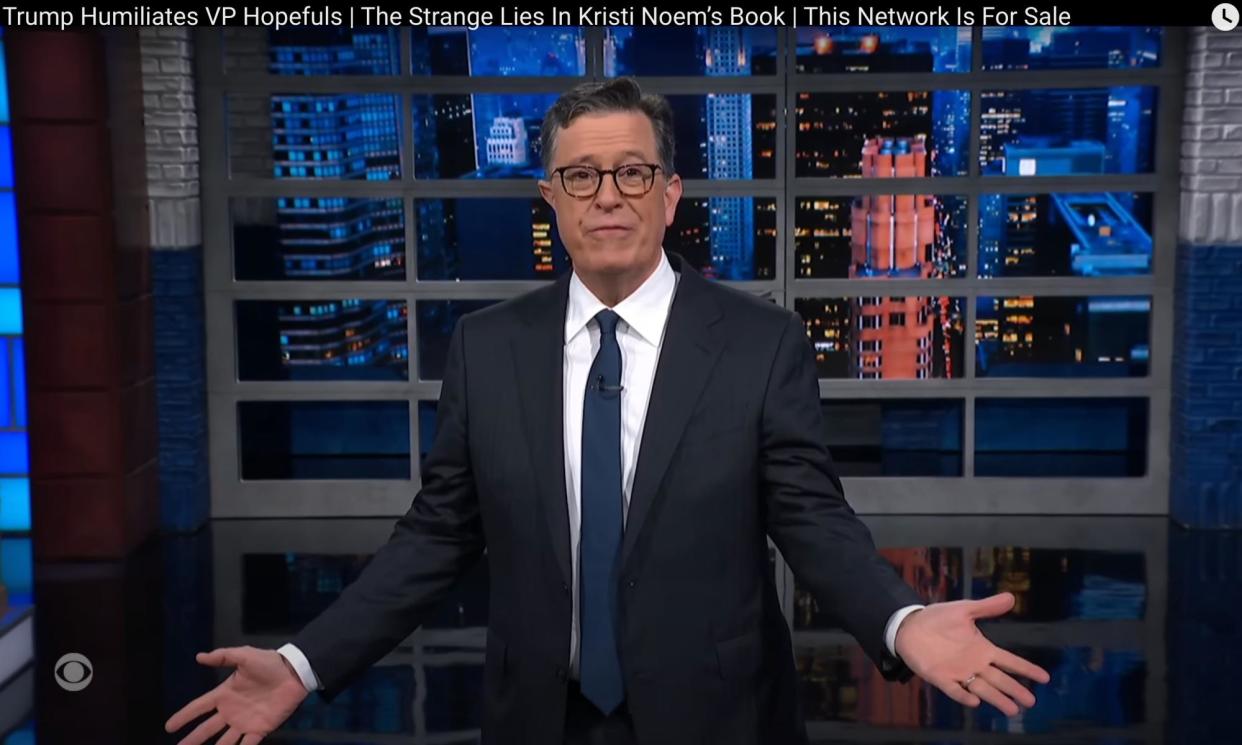 <span>Stephen Colbert: ‘Donald Trump could go to Rikers Island. My condolences to whatever prison guard has to conduct the cavity search. Wear a headlamp.’</span><span>Photograph: YouTube</span>