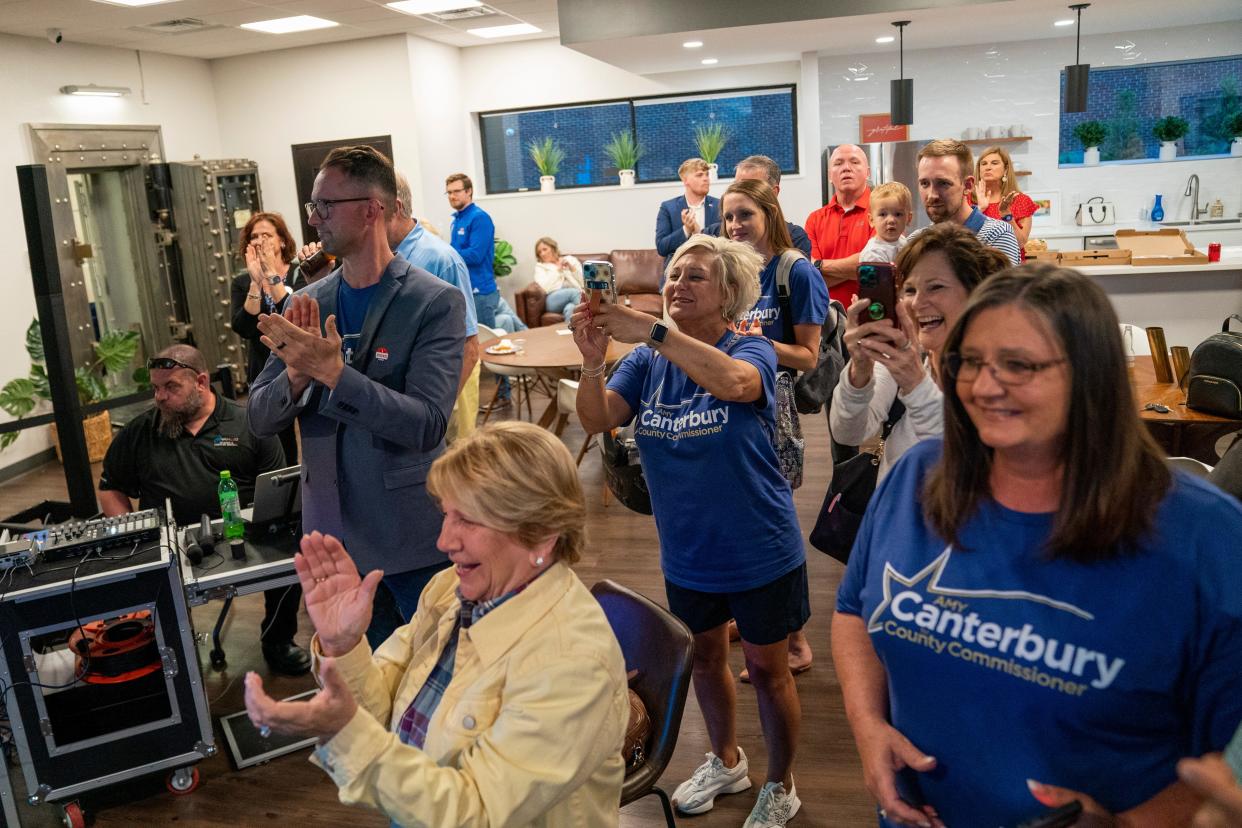 People cheer as Amy Canterbury gives a victory speech after beating Cheryl Musgrave in the GOP primary for District 3 County Commissioner Tuesday, May 7, 2024.