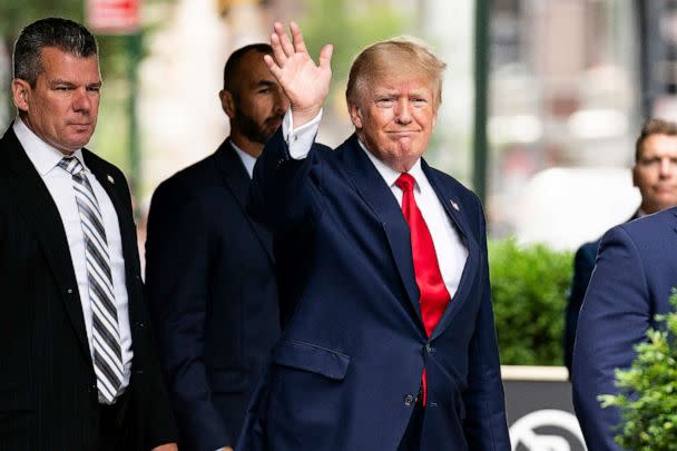 PHOTO: Former President Donald Trump waves as he departs Trump Tower, Aug. 10, 2022, in New York. (Julia Nikhinson/AP, FILE)