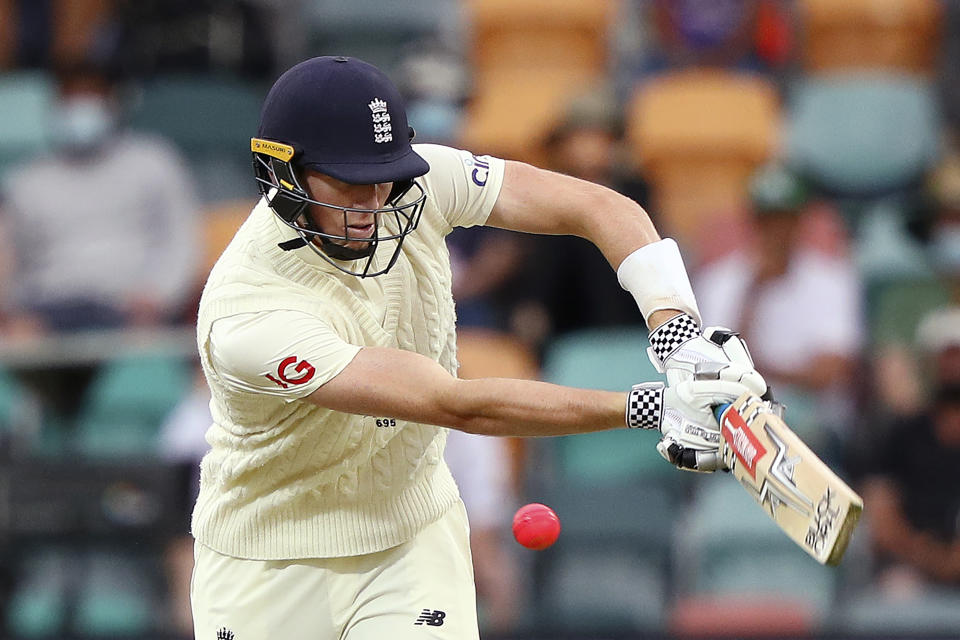 England's Zak Crawley bats against Australia during their Ashes cricket test match in Hobart, Australia, Sunday, Jan. 16, 2022. (AP Photo/Tertius Pickard)