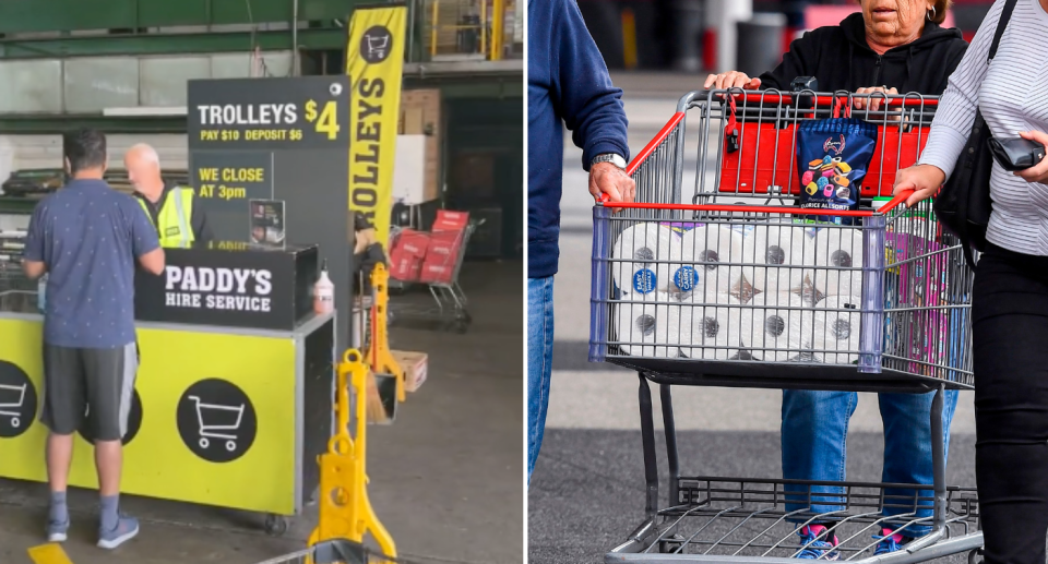 Left image is of Paddy's trolley hire business. Right image is of Aussies pushing a trolley with products in it.