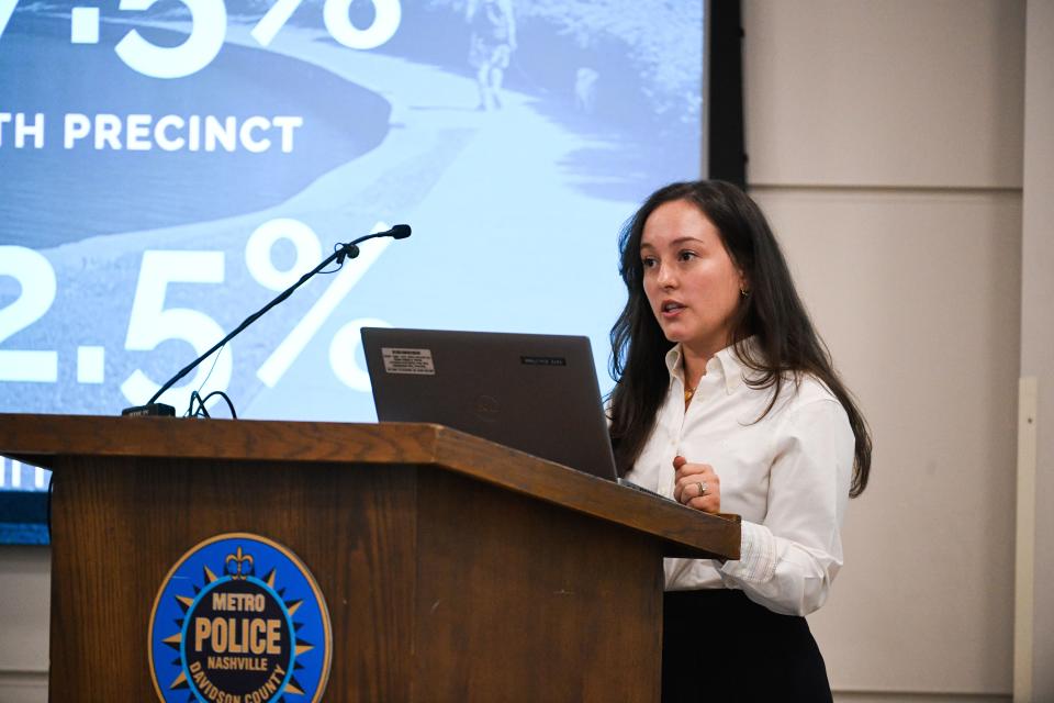 Katie Schlotman presents the data of how the Partners in Care, pilot program is doing and how mental health officials work with the police, during the quarterly stakeholder committee meeting at the North police precinct in the community room in Nashville, Tenn., Thursday, May 5, 2022.