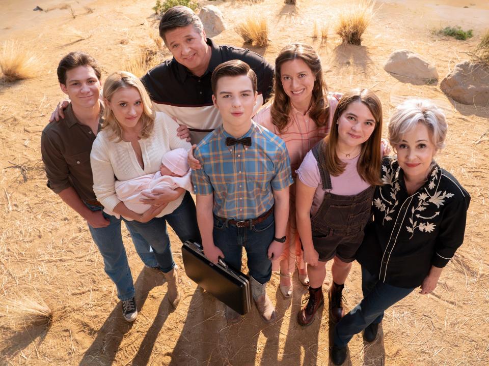 Montana Jordan as Georgie Cooper, Emily Osment as Mandy McAllister, Lance Barber as George Sr., Iain Armitage as Sheldon Cooper, Raegan Revord as Missy Cooper, Zoe Perry as Mary Cooper, and Annie Potts as Connie 'Meemaw' Tucker.