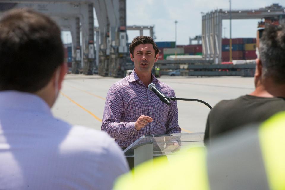 In this file photo, U.S. Sen. Jon Ossoff speaks to members of the media during a press conference at the Georgia Ports Authority.