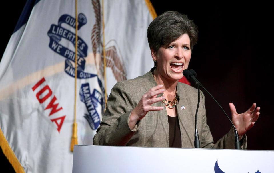 Republican senatorial candidate State Sen. Joni Ernst, speaks during the Iowa Faith and Freedom Coalition fall fundraiser on Saturday, Sept. 27, 2014, in Des Moines, Iowa. (AP Photo/Justin Hayworth)