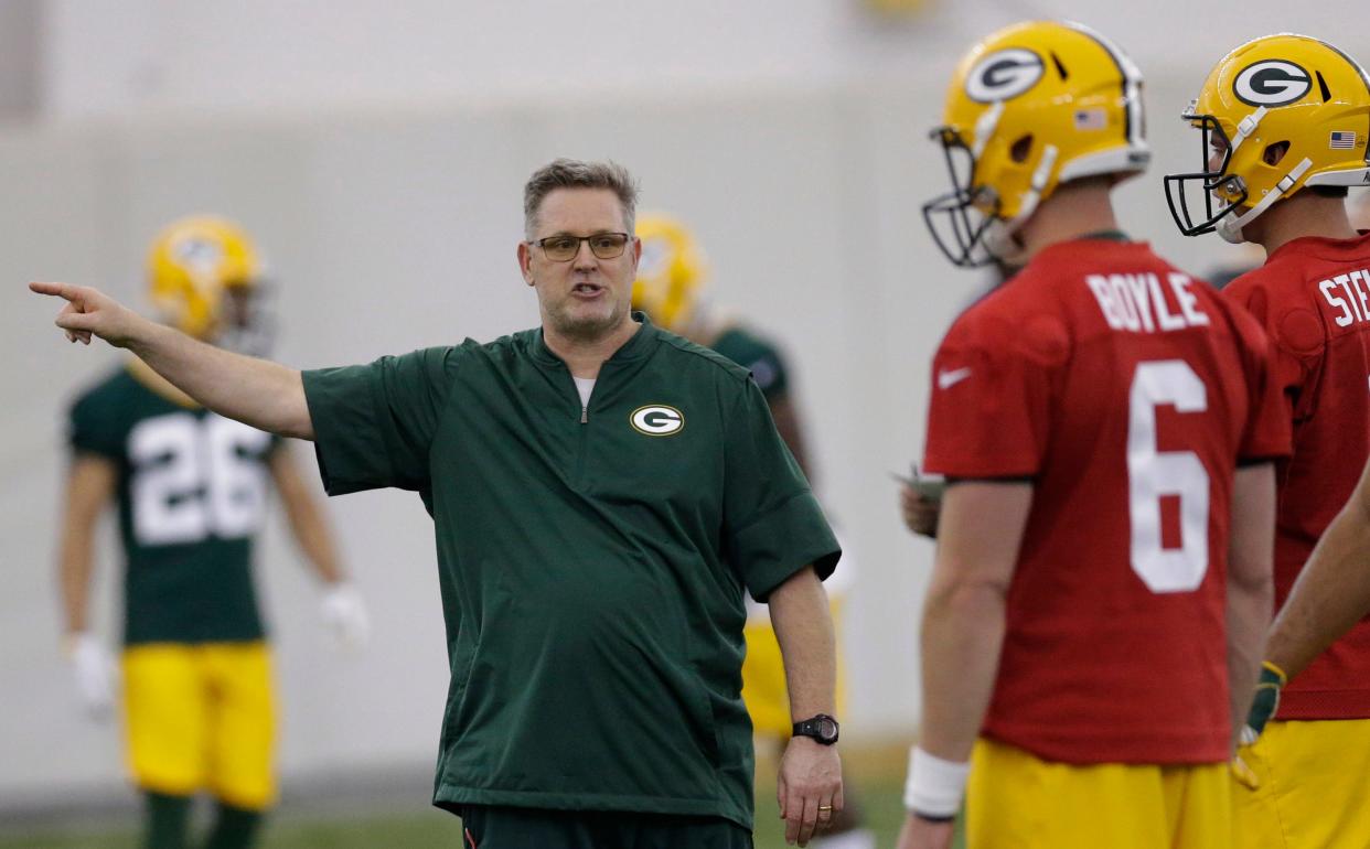 May 4, 2018; Green Bay, WI, USA; Green Bay Packers quarterbacks coach Frank Cignetti Jr (left) during Green Bay Packers rookie orientation. Mandatory Credit: Mark Hoffman/Milwaukee Journal Sentinel via USA TODAY NETWORK