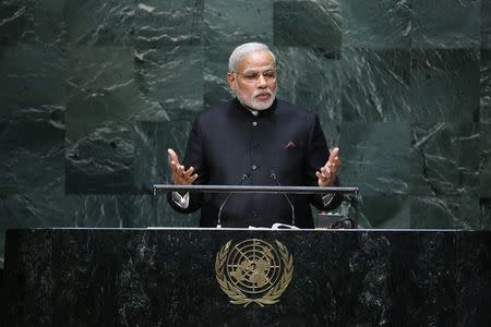 India's Prime Minister Narendra Modi addresses the 69th United Nations General Assembly at the U.N. headquarters in New York September 27, 2014. REUTERS/Eduardo Munoz