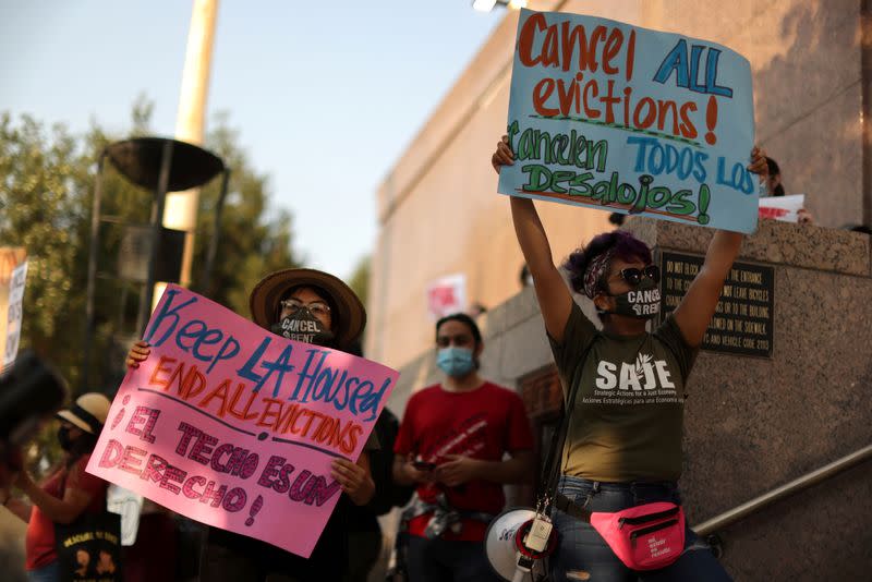 Protesters surround the LA Superior Court to prevent an upcoming wave of evictions and call on Governor Gavin Newsom to pass an eviction moratorium, amid the global outbreak of coronavirus disease (COVID-19), in Los Angeles