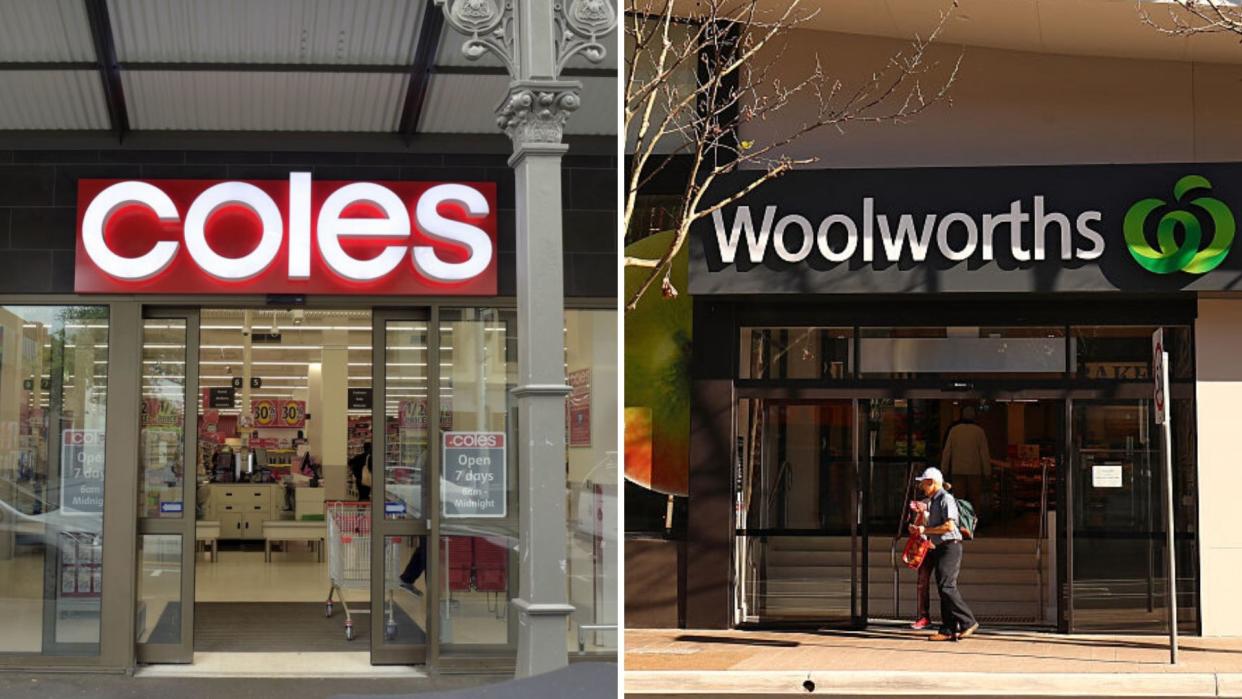 Coles and Woolworths have released their quarterly sales figures. Images: Getty