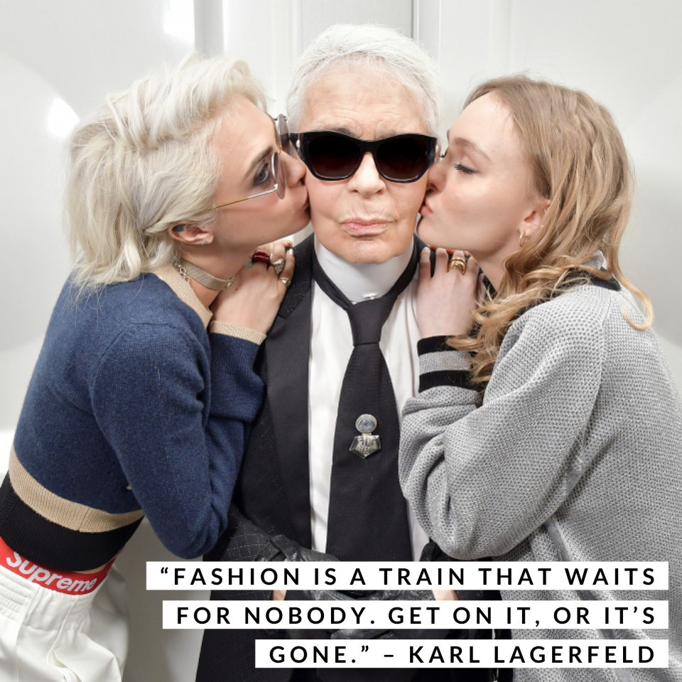 Cara Delevingne, Karl Lagerfeld and Lily-Rose Depp at the Chanel fall 2017 show.