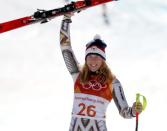 FILE PHOTO - Feb 17, 2018; Pyeongchang, South Korea; Gold medal winner Ester Ledecka (CZE) reacts after competing in the alpine skiing Super-G event during the Pyeongchang 2018 Olympic Winter Games at Jeongseon Alpine Centre. Mandatory Credit: Jeff Swinger-USA TODAY Sports