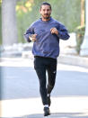 <p>Shia LaBeouf jogs through L.A. on Friday, wearing a blue sweatshirt, joggers and sneakers.</p>