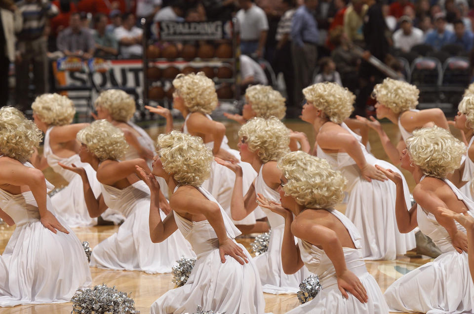 A high school dance team preforms a number dressed as multiple Marilyns in Texas